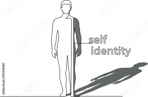 Conceptual illustration depicting the split nature of human existence contrasting the visible self with the shadow self identity concept.