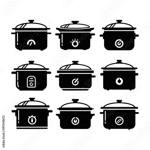 Slow Cooker Icons Set - Kitchen Appliance Vector Graphics