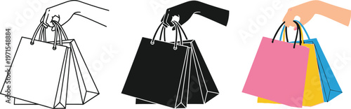 hands holding shopping bags in different colors and line styles for various design uses