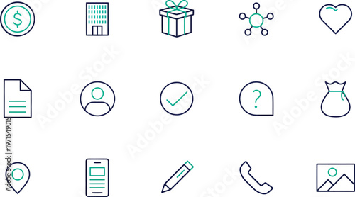 Financial and personal profile icons including currency building gift network heart document user check and location.