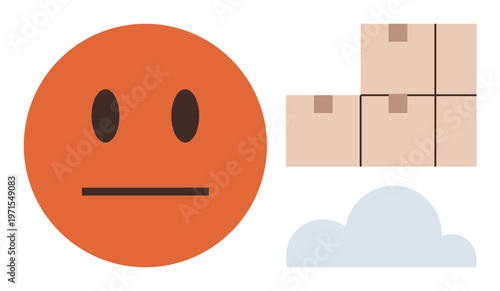 Emotion , shipping logistics, cloud storage, digital concepts, minimalism, emotions. Neutral face emotion, boxes suggesting shipping and cloud icon. Emotions and shipping logistics concept