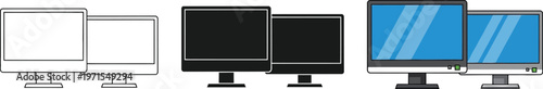 Various computer monitors in different colors and designs on stands