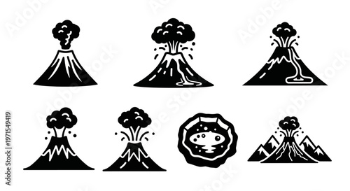 Volcano Eruption Icons Set: Active Lava Flow, Smoke, Crater, Mountains