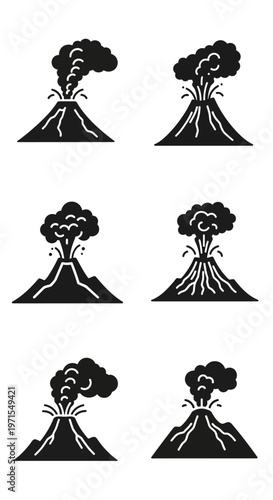 Volcano Eruption Icons Set: Active Lava Flow and Smoke Plumes