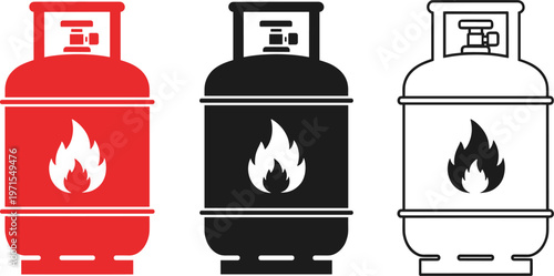 Gas cylinder icons set featuring propane tanks in different styles, safety and energy concept, vector illustration for household, industrial, and cooking fuel usage design