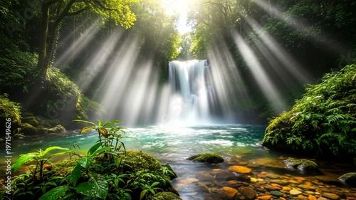 Serene waterfall cascading in lush green forest