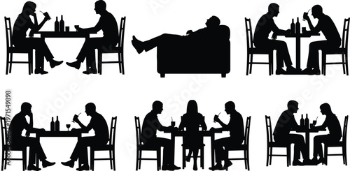 Couple dining silhouettes, restaurant dinner scene, people eating together, social gathering, cafe conversation, food and drink, lifestyle illustration concept
