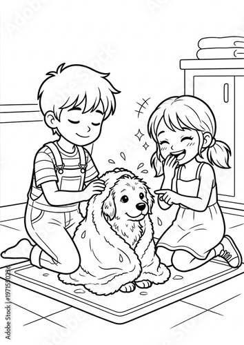 Cute black and white coloring page illustration featuring kids playing with a puppy in a park. Clean line art style, perfect for children’s coloring books, educational materials, activity pages, and p