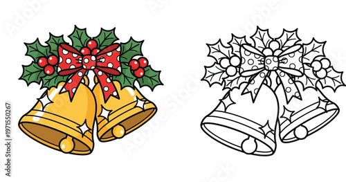 Golden Christmas Jingle Bells with Holly Leaves and Red Bow, Colored and Black and White Line Art Vector Set for Kids Coloring Activity