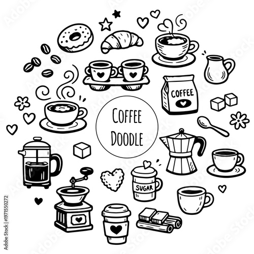 Cute doodle cartoon coffee shop icons. vector outline hand drawn for coffee and bakery menu, including supply item and equipment isolated on white