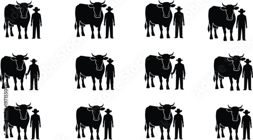 Cowboy and cattle silhouettes set, rancher with bull icons, farming livestock concept, western agriculture illustration, rural farm life vector design