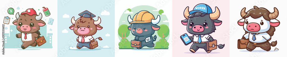 Fototapeta premium Vector image of a cute cow going to work.