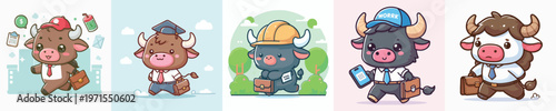 Vector image of a cute cow going to work.