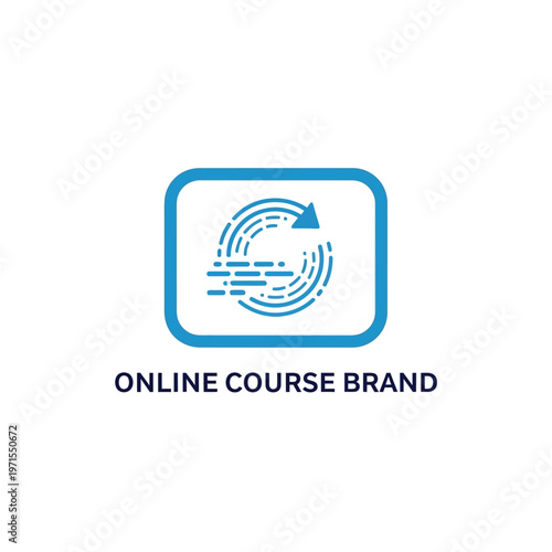 Blue circular arrow logo for online course brand with text and transparent background.