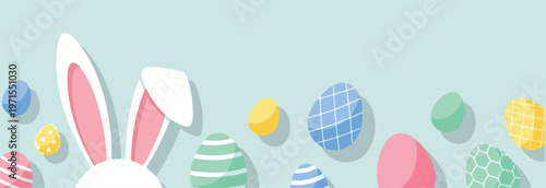Horizontal Easter Banner with Bunny Ears and Colorful Patterned Eggs on Blue Background