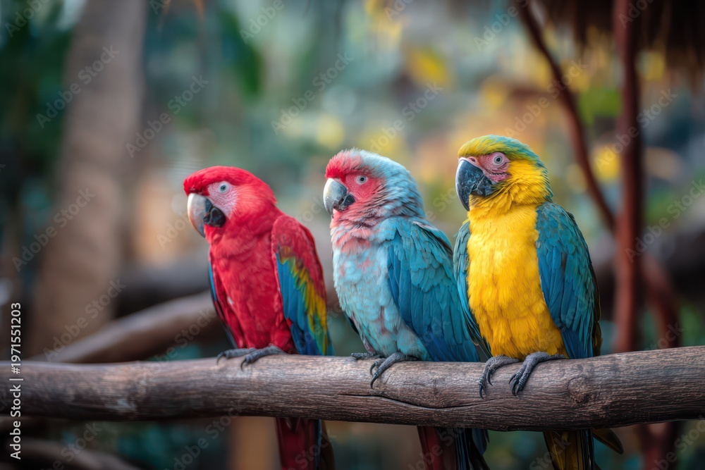 Obraz premium Group of parrots in tropical zoo setting