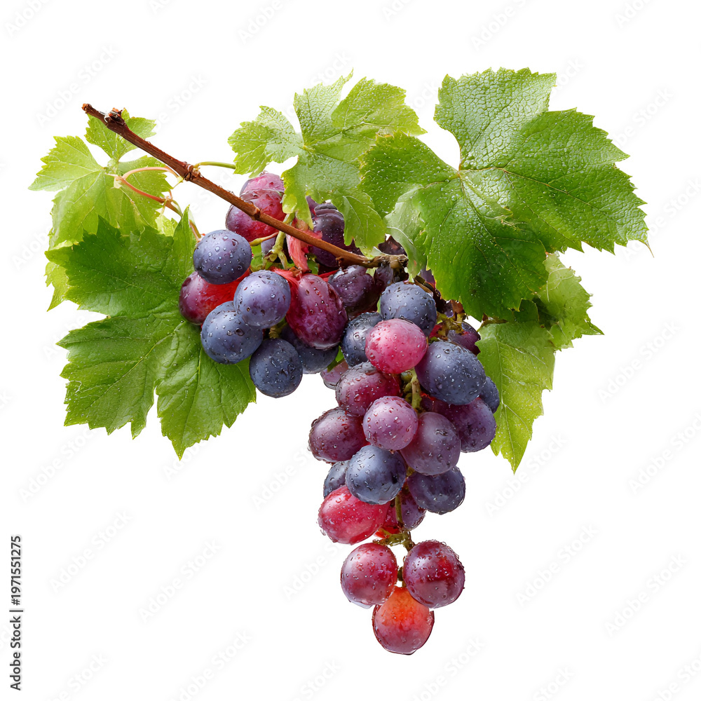 Fototapeta premium Fresh purple grapes hanging on vine with green leaves in natural sunlight close-up