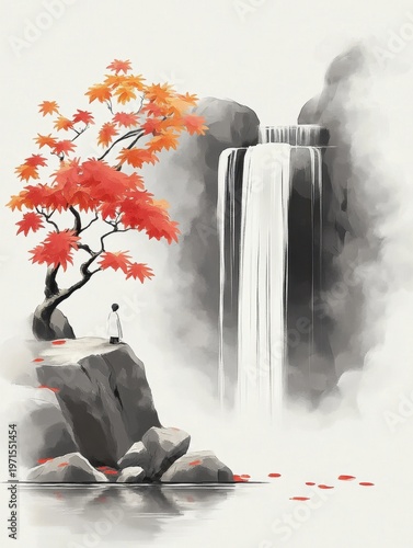 Serene Waterfall Scene with Person and Maple Tree
