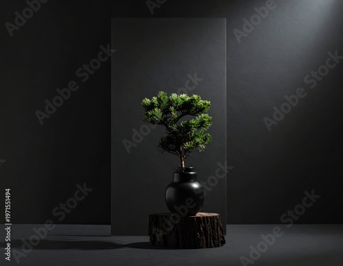 Elegant Bonsai Tree Display on a Dark Background with Minimalist Vibe
