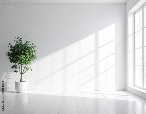 Bright and Airy Interior with Potted Plant and Sunlit Windows