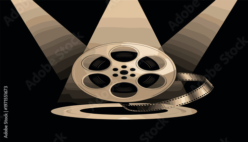 Film Reel with Spotlight on Black Background – Cinema and Movie Production Concept