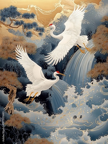 Two White Cranes Flying Over a Waterfall