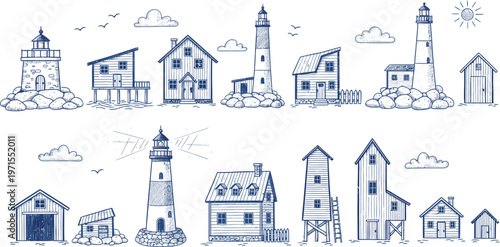 A set of blue line drawings depicting various lighthouses and houses situated by the sea. 