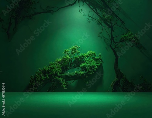 Green Nature Background with Moss and Twisted Branches for Design