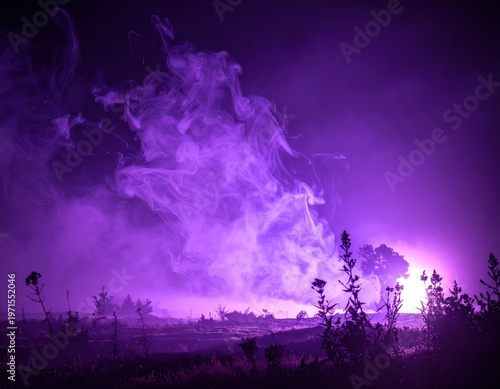 Ethereal Purple Smoke and Mist Over Dark Silhouette Landscape
