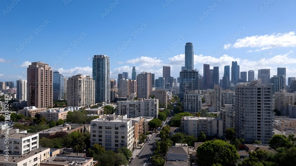 Naklejka premium Panoramic view of a modern city skyline under a bright blue sky with scattered clouds