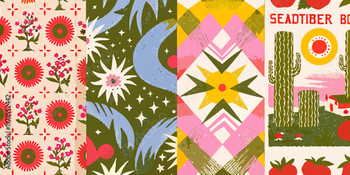 Colorful desert patterns florals cacti and geometric shapes in a repeating design