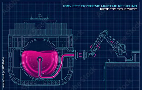 Cryogenic Maritime Refueling Process Schematic with Hydrogen Tank and Robotic Transfer Arm
