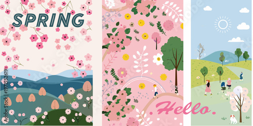 Spring themed illustrations floral patterns landscapes and welcoming greetings