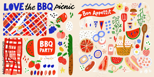 A colorful illustration depicting a summer barbecue picnic with various foods
