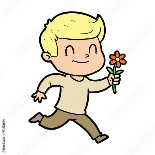 A happy cartoon boy with blond hair running while holding a small red flower in his hand.