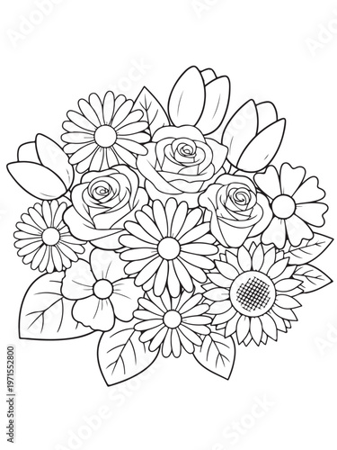 A vibrant bouquet of flowers coloring page for kids