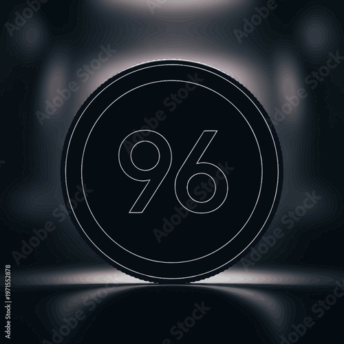 cryptocurrency coin silhouette with number 96, black and white abstract background