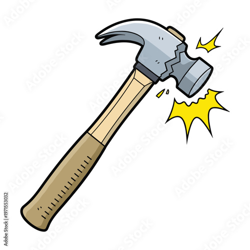 Cartoon illustration of a metal claw hammer hitting an object with impact stars.