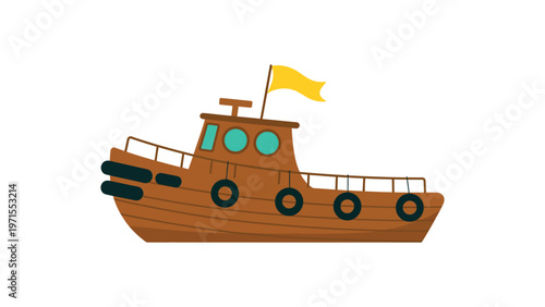 Cartoon tugboat illustration with brown hull, cabin windows, yellow flag, and black tire bumpers, isolated on white background for maritime themes