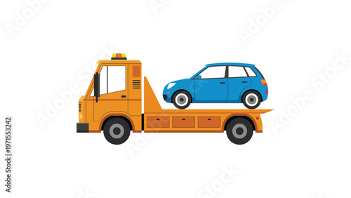 Cartoon tow truck carrying compact blue hatchback car on flatbed, roadside assistance illustration isolated on white background