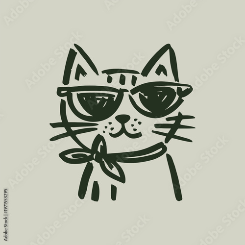 Hand drawn illustration of a cool cat wearing sunglasses and a bandana