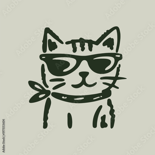 Whimsical hand-drawn illustration of a cat with sunglasses and scarf