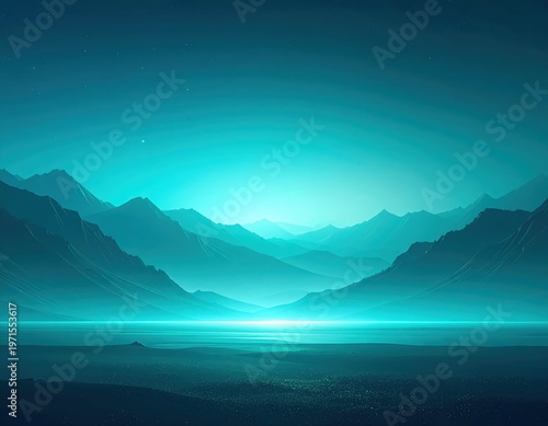 Serene Mountain Landscape with Ethereal Blue Mist and Horizon Glow