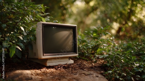 An old beige CRT computer monitor sits abandoned outdoors amidst lush green foliage and d d sunlight