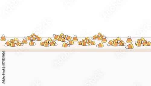 Panoramic banner of scattered candy corn on a surface. Flat design vector illustration. Halloween sweet treat graphic element isolated on transparent background