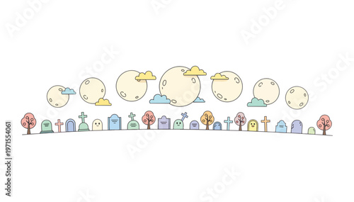 Ultra wide panoramic banner of full moons over a graveyard. Halloween cemetery flat vector illustration. Isolated on transparent background