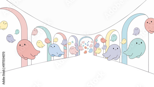 Ultra wide panoramic banner of ghosts floating in a hallway. Spooky corridor flat vector illustration. Isolated on transparent background