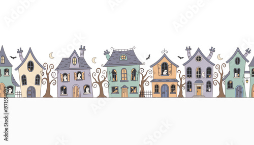 Ultra wide panoramic banner of haunted houses. Flat design vector illustration of spooky buildings with ghosts and bats. Halloween neighborhood isolated on transparent background