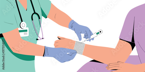 A medical professional in scrubs and gloves carefully applies a bandage to a patient's arm, providing healthcare.
