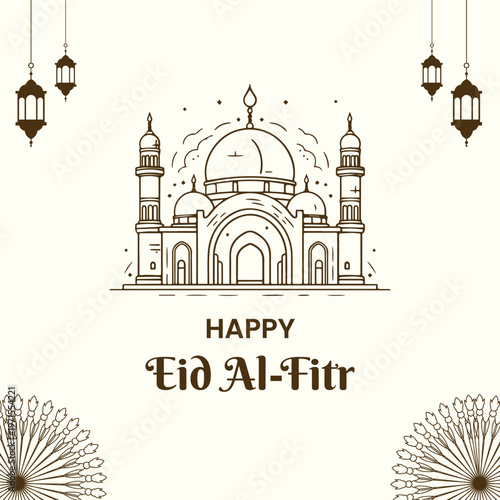 Elegant mosque illustration with Happy Eid Al-Fitr text, festive and peaceful monochromatic brown and beige tones, clean line art vector graphic for Islamic holiday greetings and celebrations.